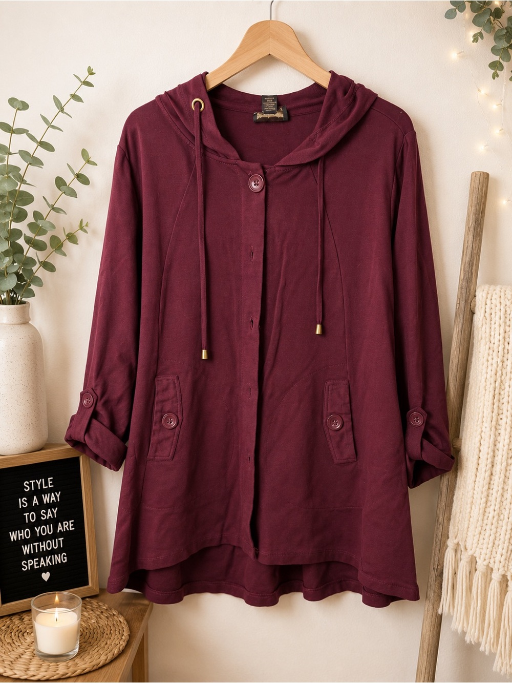 Christian Siriano Burgundy Hooded Button Jacket